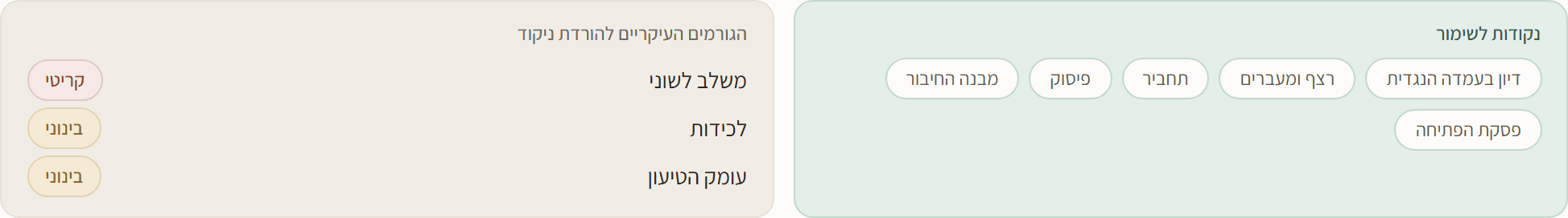 פס הסיכום של הבדיקה: נקודות לשימור מצד אחד, והגורמים העיקריים להורדת ניקוד מצד שני