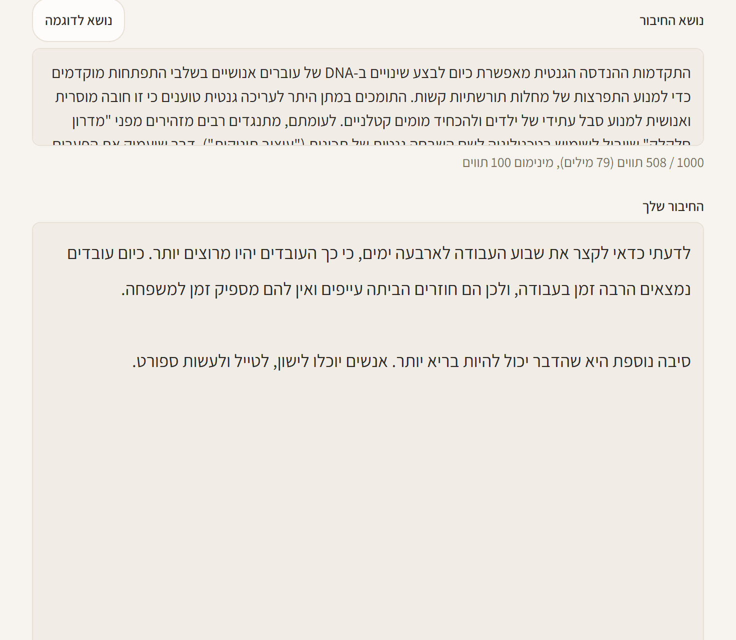 טופס כתיבת החיבור: נושא לדוגמה ותיבת הטקסט של החיבור